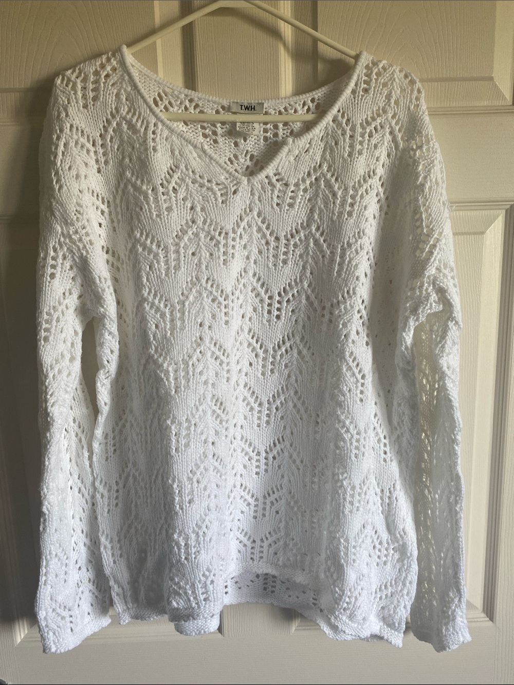 White V-Neck Openwork Knit Sweater